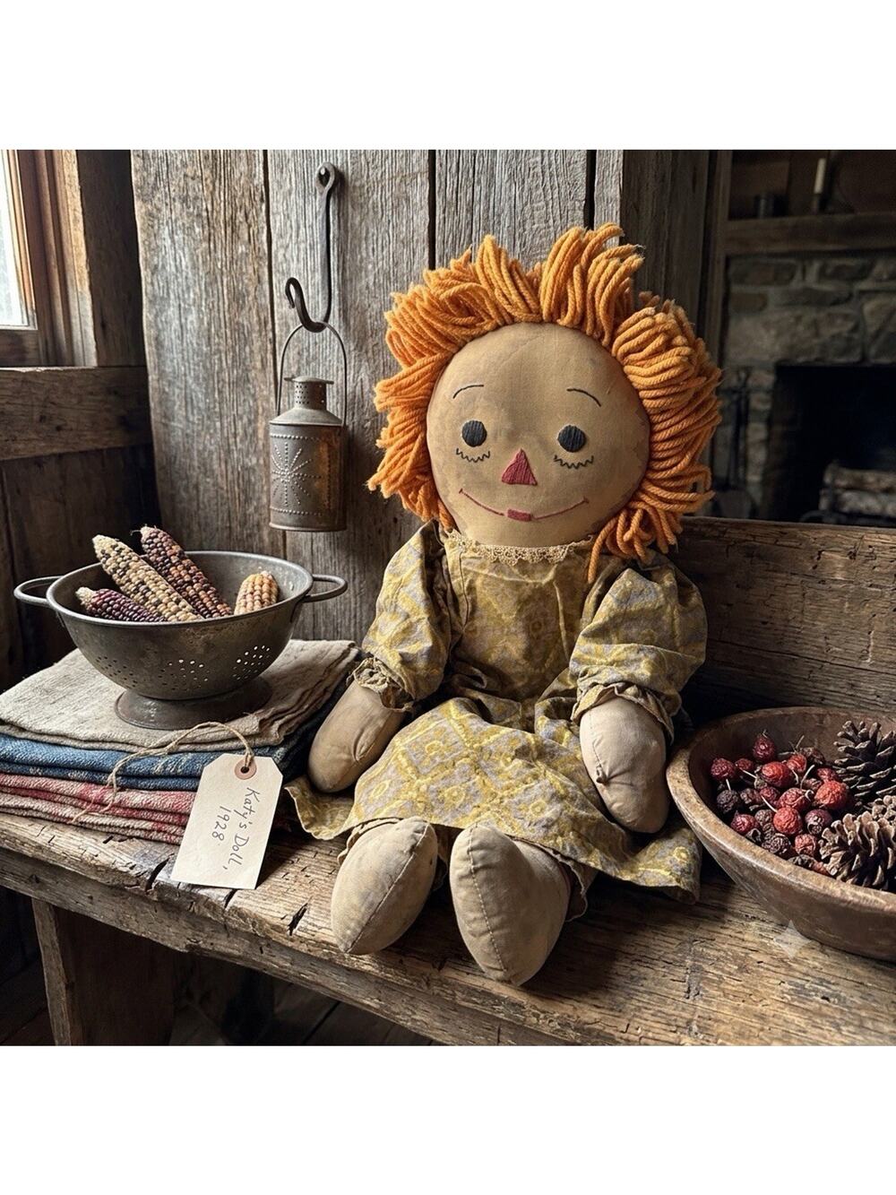 Vintage Raggedy Ann Primitive Doll Tea Stained Tattered Americana 24 Inches